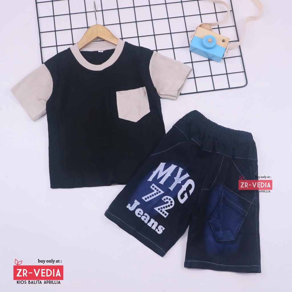 Setelan John Ethes uk 3-4 Tahun /  One Set Lengan Pendek Anak Laki-Laki Celana Jeans Kantong Baju Oblong