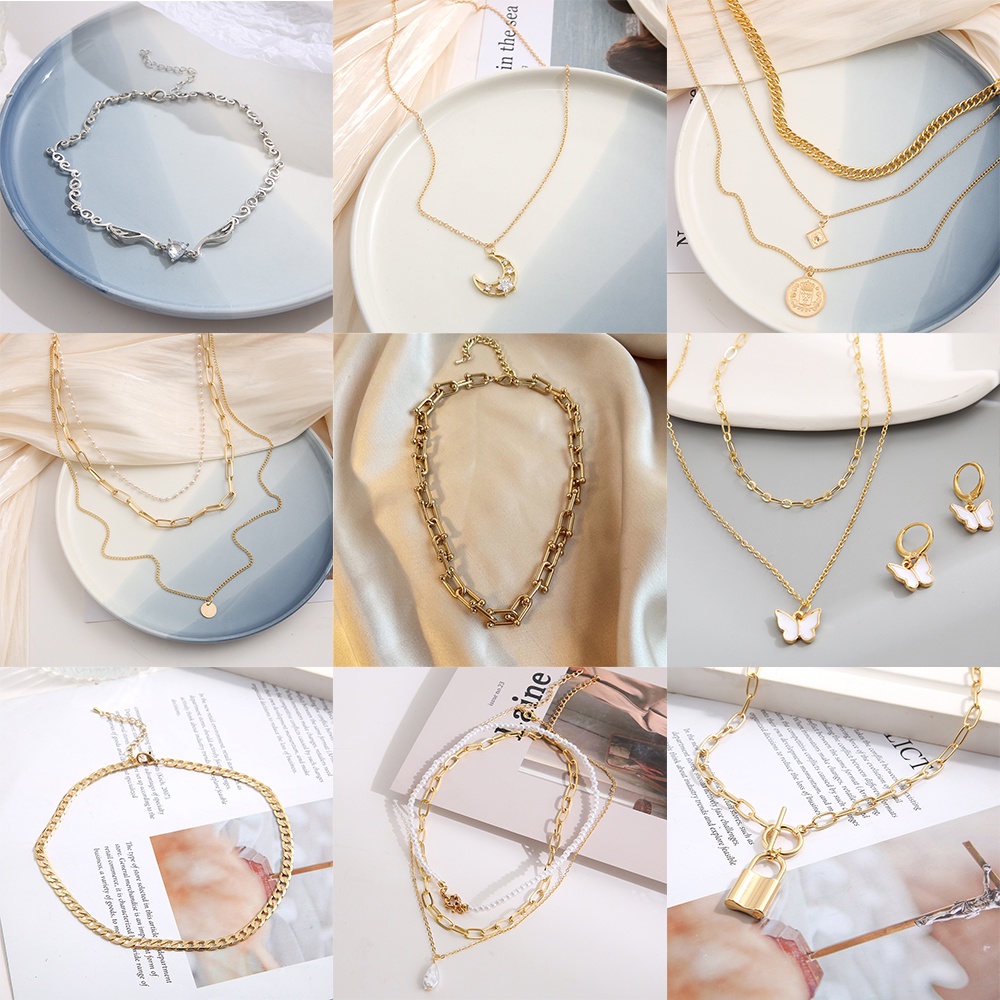 Kalung Choker Multilayer Warna Emas Untuk Wanita