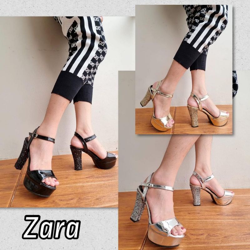 ZR | Heels Platform Glossy Mix Glitter Chunky | 9cm | Hitam, Silver, Gold