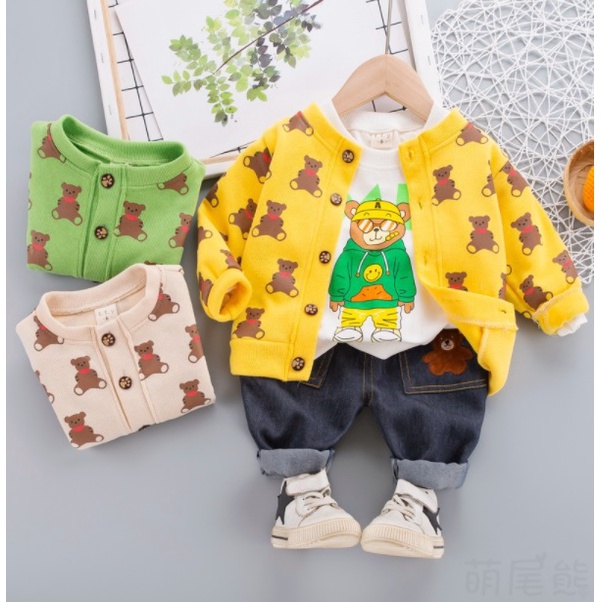 3 IN 1 BOY SET/SETELAN ANAK LAKI LAKI IMPORT/CELANA PANJANG JEANS/BAJU KEMEJA KOTAK+CARDIGAN TEDDY