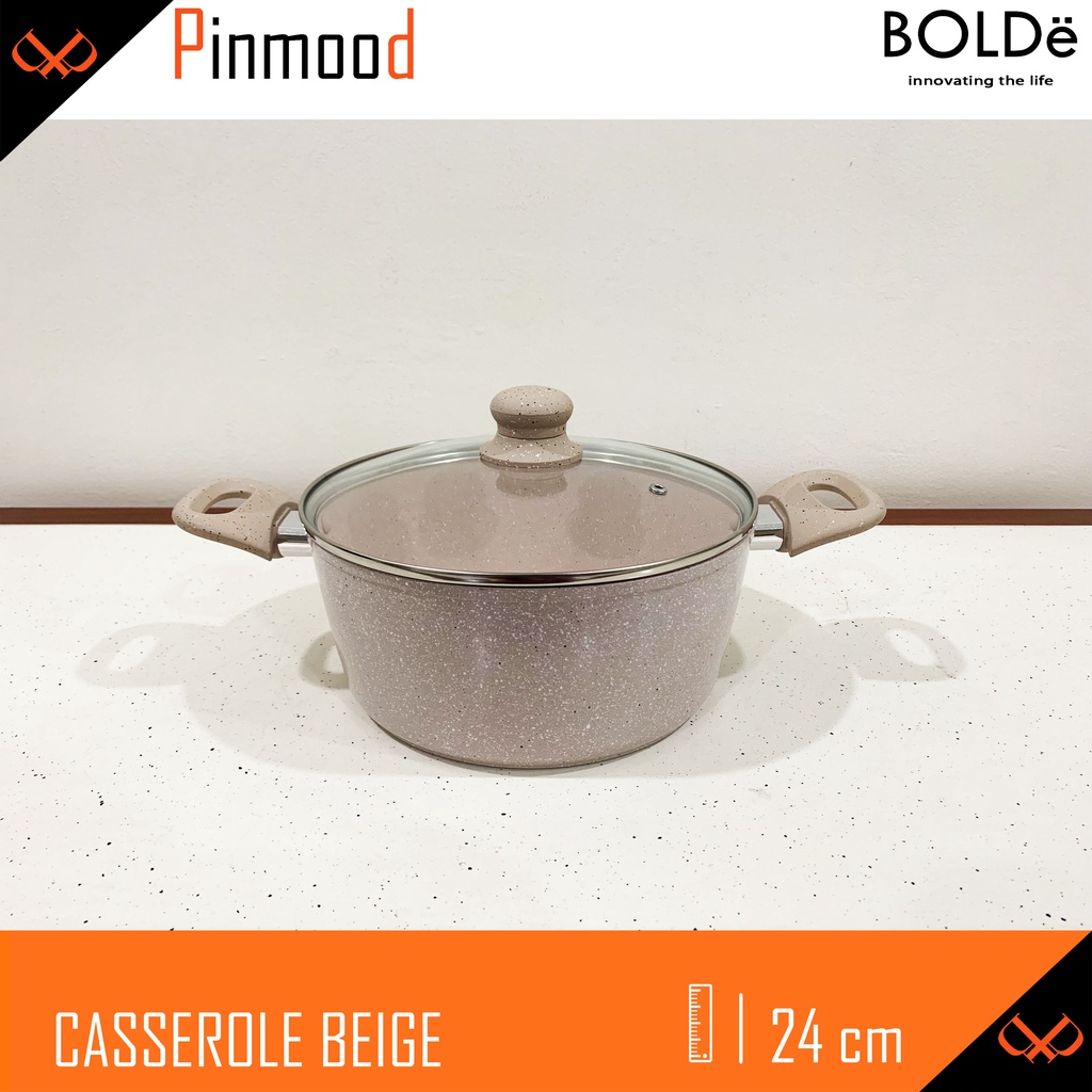 BOLDE CASSEROLE BEIGE SUPER PAN 24 CM + GLASS LID / TUTUP KACA PANCI KUAH REBUS GRANITE COATING ANTI LENGKET