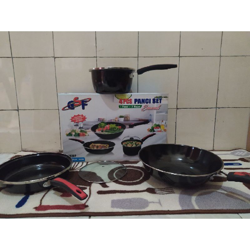 PANCI WAJAN PENGGORENG SET ENAMEL ANTI LENGKET 4 PCS GSF TUTUP KACA