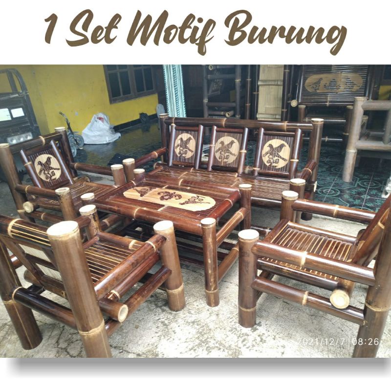 KURSI BAMBU 1 SET MOTIF BURUNG KURSI BAMBU HITAM
