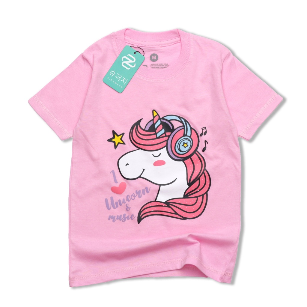 Baju Anak perempuan Lucu Gudang Grosir Kaos Distro Anak Cewek katun kombed Pakaian Anak perempuan lengan pendek Kaos anak santai  Unicorn Music Pink