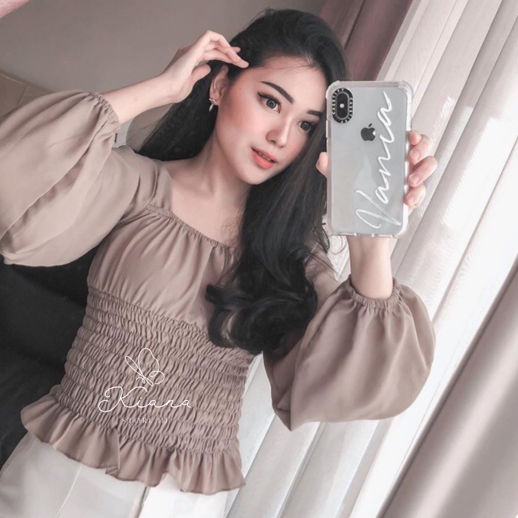 M-XXXXL BLOUSE Baju Atasan Sabrina Irise Kerut/Serut Lengan Panjang/Pendek/Balon Crop Top Blouse Kor
