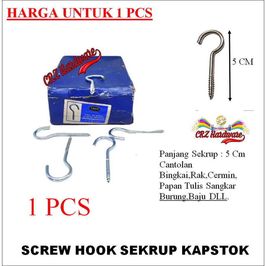 Screw Hook Skrup Kapstok Sekrup Gantung Gantungan Burung 5 cm