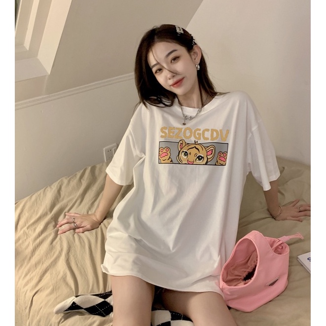 baju oversize wanita korean style cetakan binatang kaos hitam retro