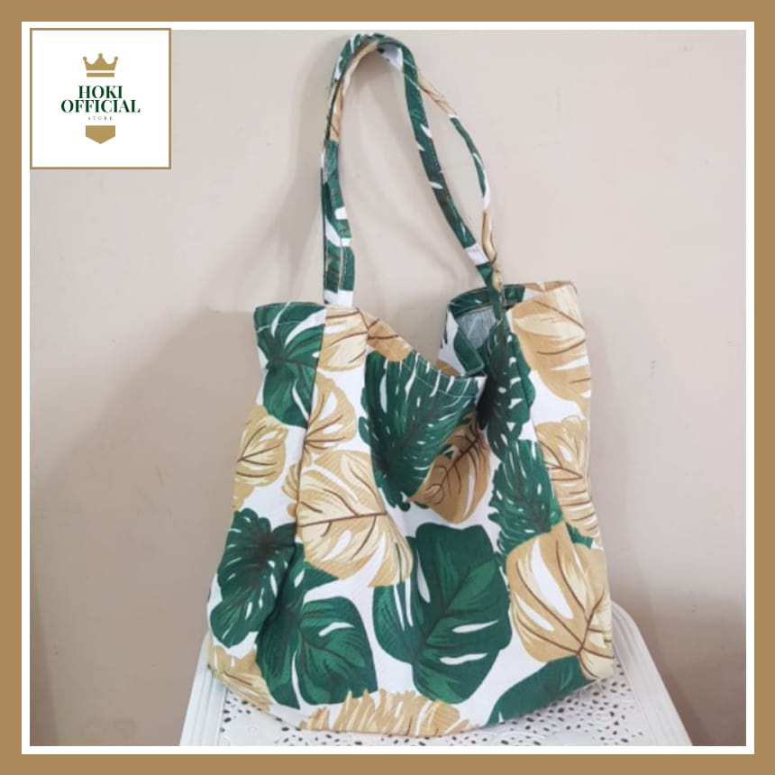 Totebag Kanvas Tas Wanita Kapasitas Besar Belanja Sederhana Bahu Tas Warna Solid Tas Dapat Digunakan Kembali Designer Totebag Kekinian Motif Bunga Daun