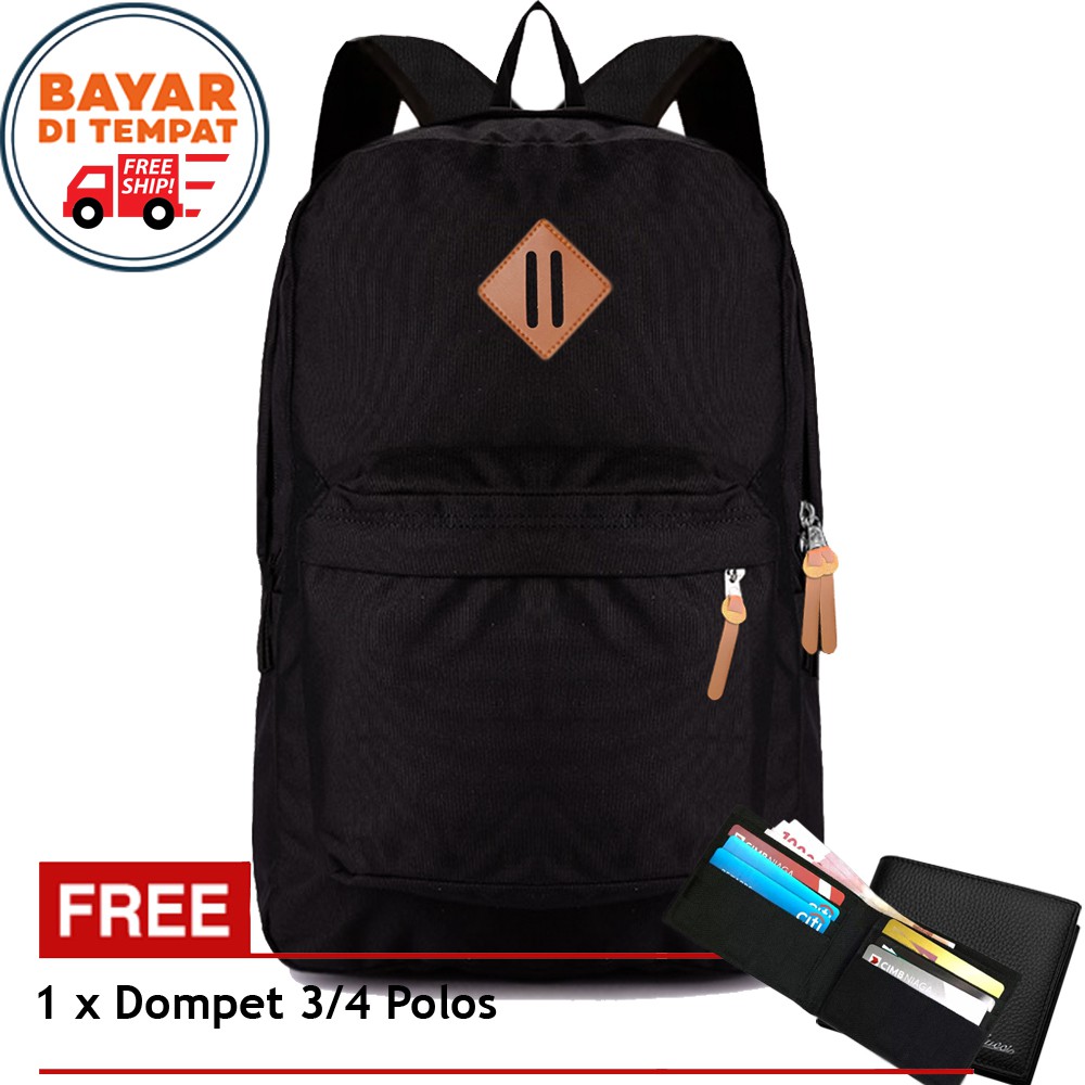 Bundling Tas Ransel Free Dompet - Tas Pria Wanita 802 Backpack Laptop Tas Bahan Nilon Black + Dompet