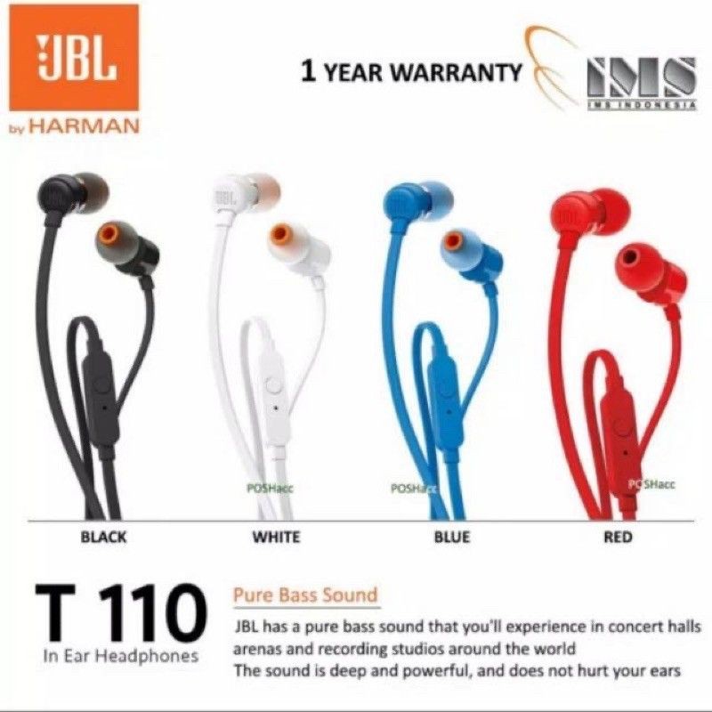 JBL T110 In Ear Earphone with Mic &amp; Flat Cable Garansi Resmi IMS Original