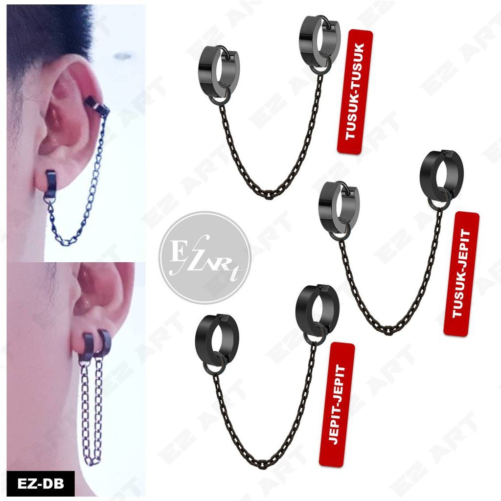 1Pc Model EZ-DB DOUBLE GANDA Black Hitam Anting Pria dan Wanita Jepit Tusuk Variasi Rantai