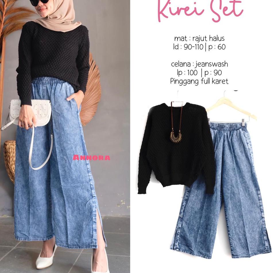 Langsung Beliii.. kirei set setelan rajut + celana jeans kulot annora