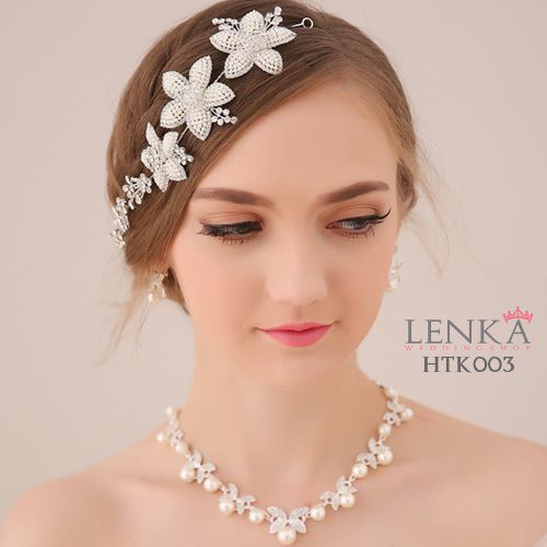 Paket Tiara Kalung Anting Mutiara Eksklusif  Aksesoris Pengantin Modern Lenka - HTK003