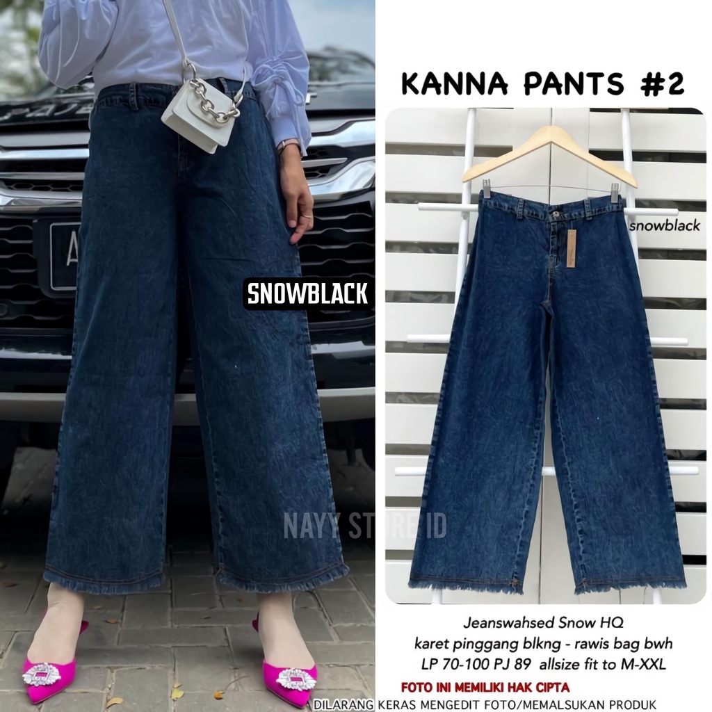 Kanna #2 Celana Kulot Jeans Palazzo Jens Jins Levis Wanita Jumbo Hight Waist Bawah Rawis Kancing Aktif Pinggang Karet Lp 70-105 P 90-Snowblack