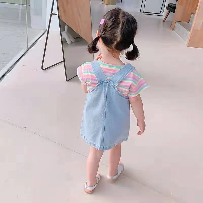 KF CAT Dress Jeans Overall Anak Perempuan Motif Stripe Rainbow Import Pakaian Anak Cewek 9bulan - 3tahun-3