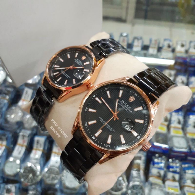 Jam Tangan Couple Pria Wanita HITAM rosgold | Tanggal Aktif Rantai Stainlees Steel Free Batrai Cadangan | JAM Tangan Cowok Anti Air | Jam Tangan Pria | Jam Tangan Waniita/Cewek Anti Air Sepasang | REALPICK JAM Tangan Import Kasu Pria Sporty Ready Stok