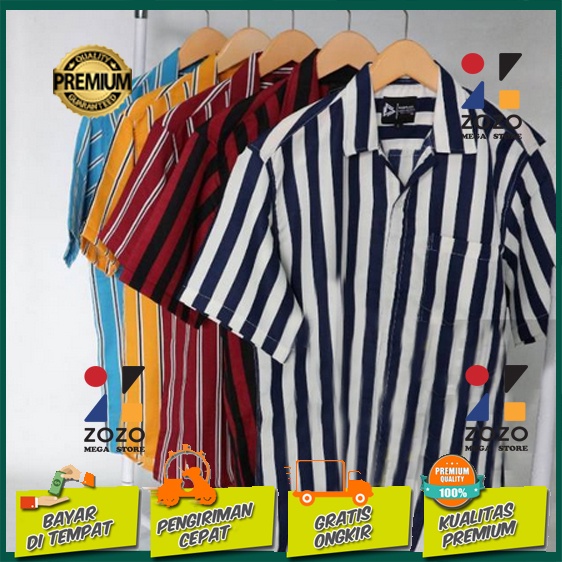 Kemeja Salur Garis-Garis Pria Lengan Pendek Cowok Baju Strip Belang Stripe XXL