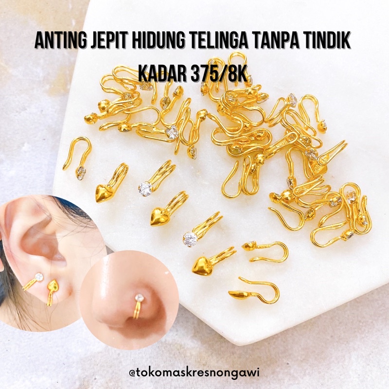 Anting emas jepit hidung telinga tanpa tindik emas asli kadar 375/8k