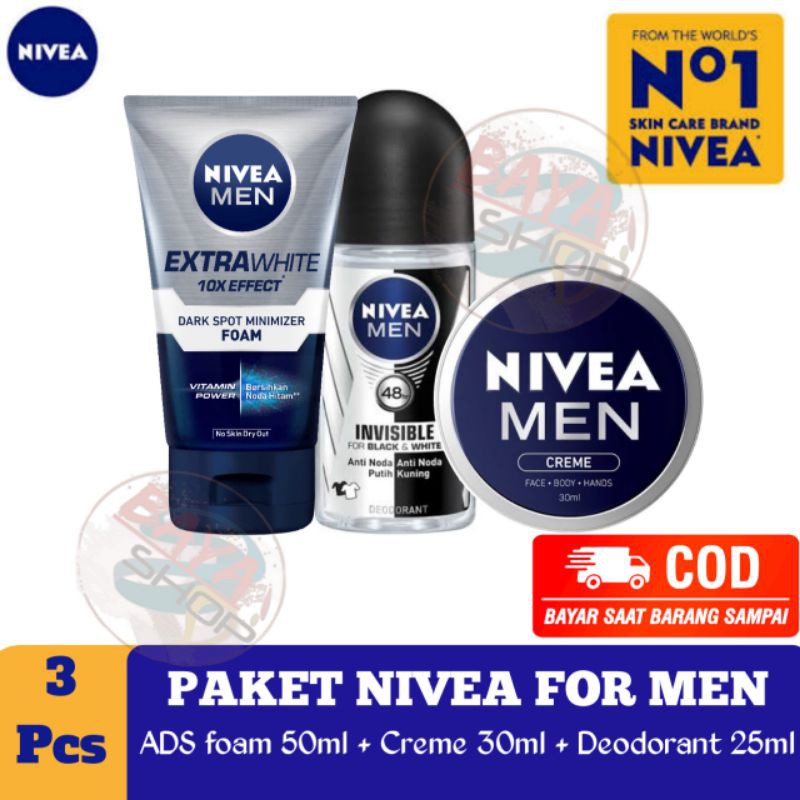 ❤️BAYA❤️Paket Nivea For Men- Foam 50ml+ Deo B&W 25ml + Creme 30ml - Perawatan Wajah Pria