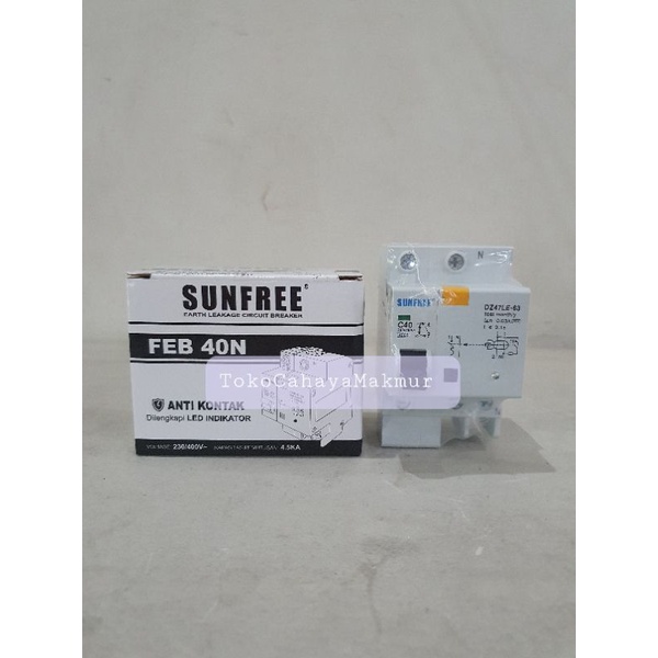 Anti Kontak / ELCB 2 Pole 40A 40 Ampere Sunfree + Led Indikator SNI