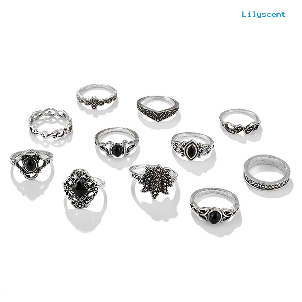 11 Pcs Cincin Jari Desain Ukiran Lotus Waterdrop Aksen Batu Permata Tiruan Untuk Wanita