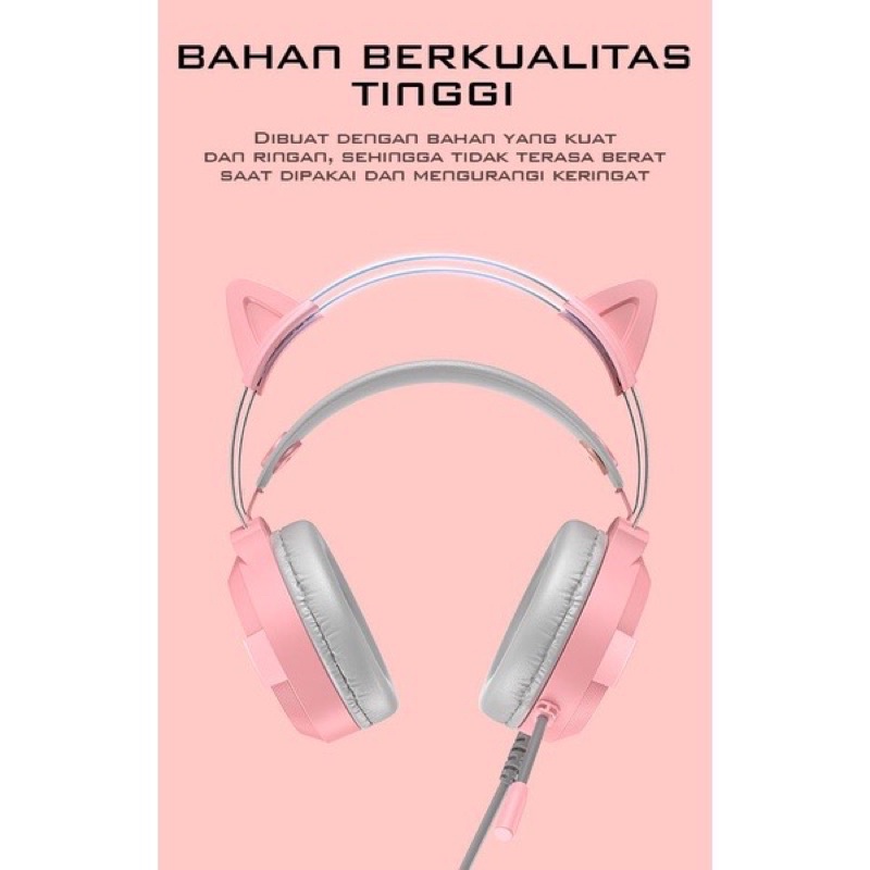 Ready Stok Headset Earphone Headphone Gaming Cat Ear GH1100 PINK LED 50MM Power Driver