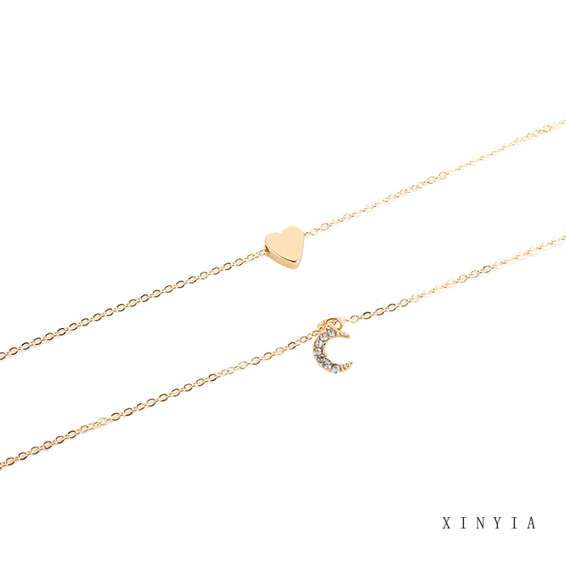 Kalung Rantai Multilayer Dengan Liontin Hati Dan Bulan Untuk Wanita