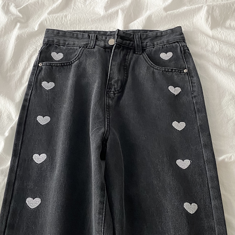 new Hitam Love embroidery Ccelana jeans panjang wanita