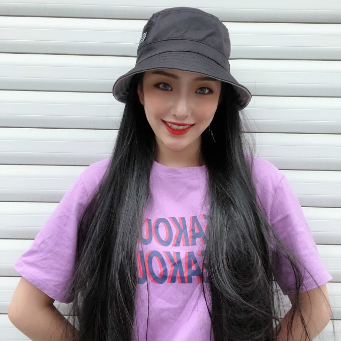 Wig Topi Bucket Long Straight Hair Korean Version Wig Topi Rambut Palsu Wanita / Wig Topi Bucket Hat / Wig Topi Bundar