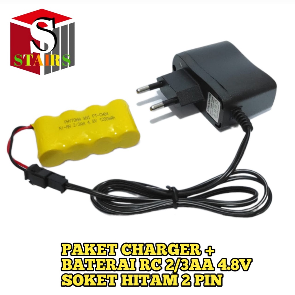 Charger + Baterai Remot RC 2/3AA Ni-Cd 4.8v - 1200mAh Socket Hitam 2pin Model Mini