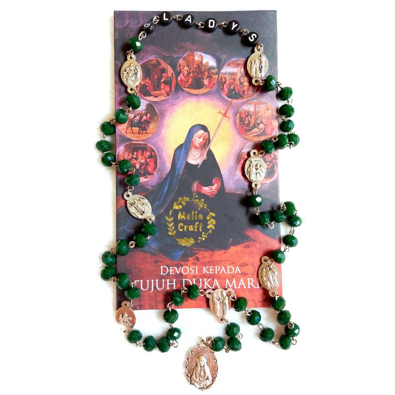 Rosario 7 Duka Cita Bunda Maria Kristal Hijau - Medali & 7 Sekat Made in Italy