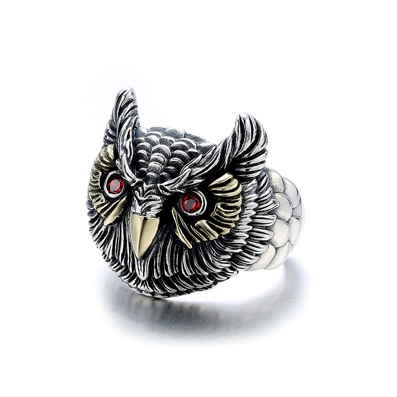 Cincin Model Terbuka Desain Burung Hantu Mata Merah Lapis silver Untuk Pria