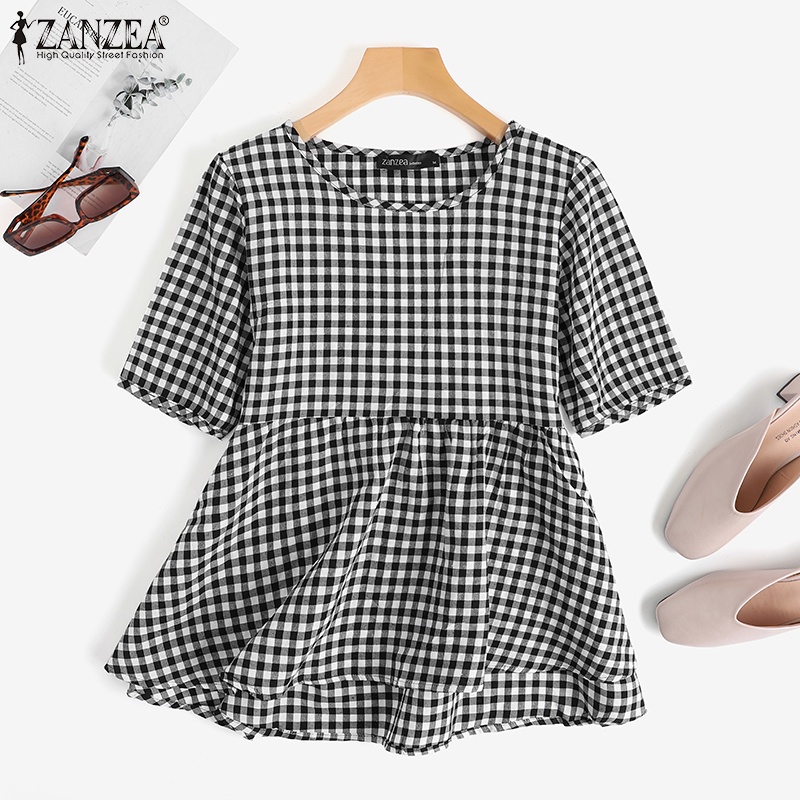 ZANZEA Women Summer Fashion Short Sleeve O-Neck Grid Printed Plus Size Loose Blouse