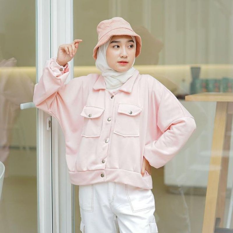 Sweater Hoodie Jaket Outerwear Pakaian Pria Wanita Oversize Korean OLIN BUTTON Polos Kancing Saku Le