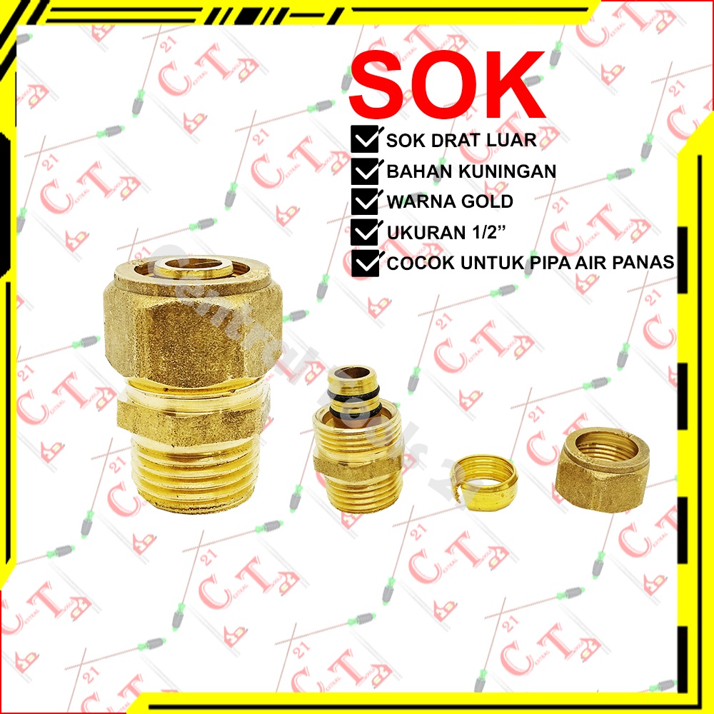 Sok Drat Luar Air Panas Sok Sambung Pipa Air Panas Kuningan 1/2" Inch Sock