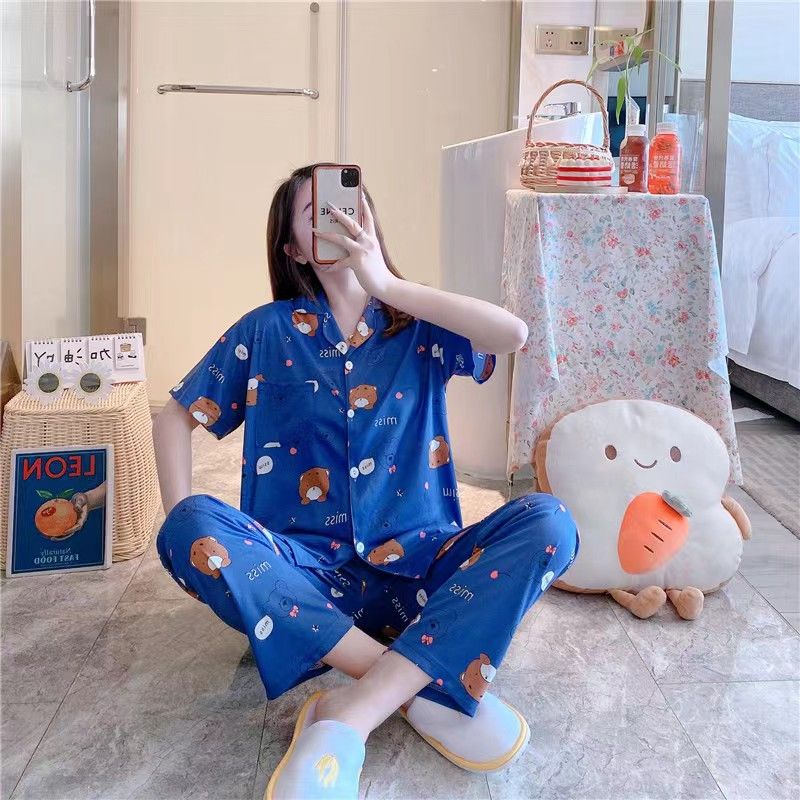 Baju tidur wanita / Piyama Cp baju tidur wanita krah pendek import kotak freesize-Cp.k MISS BEAR BIRU