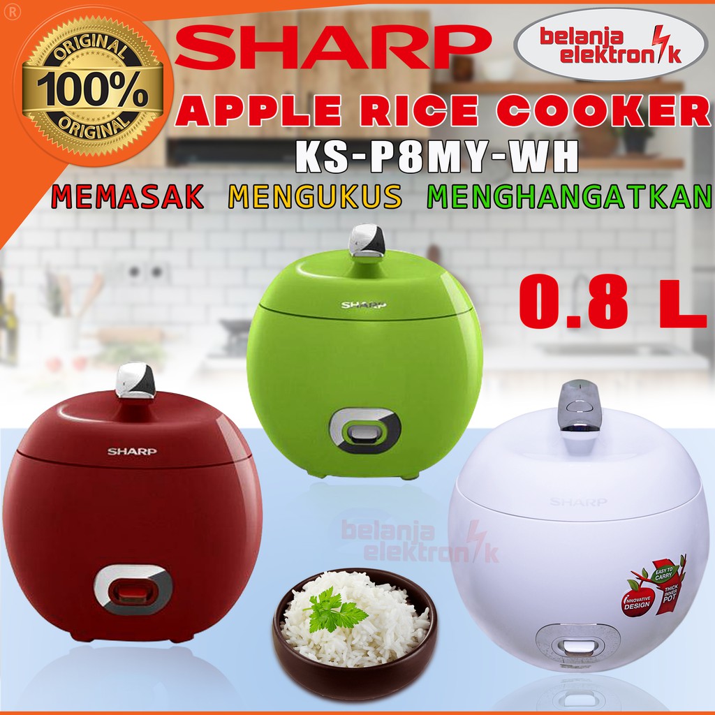 SHARP RICE COOKER APPLE APEL 0.8 LITER KS-P8MY-WH MAGIC COM 3 IN 1