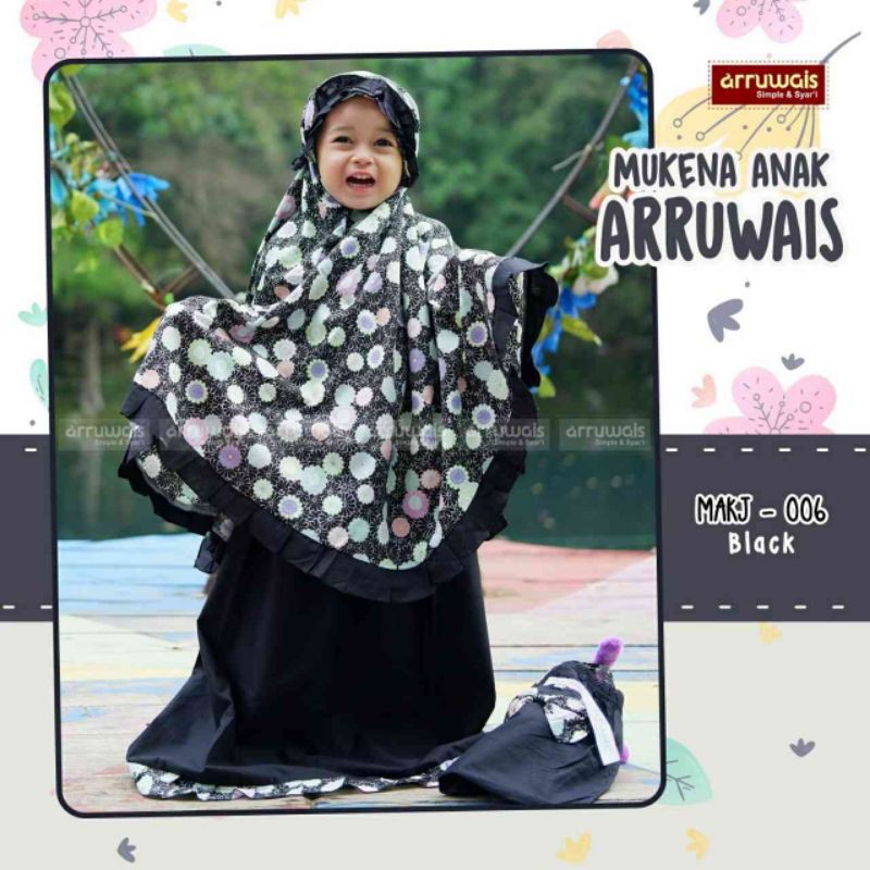 Mukena Anak 2 tahun - 7 tahun Katun Jepang Adem Cantik Original Black by Arruwais