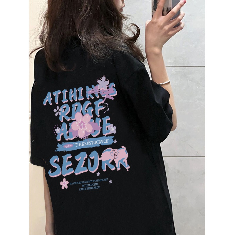 EUNII T-shirt  Lengan Pendek Bunga Sakura Bahasa Inggris Pencetakan Longgar Korean Style/Kaos Atasan Wanita/Baju Kaus Oversize Wanita