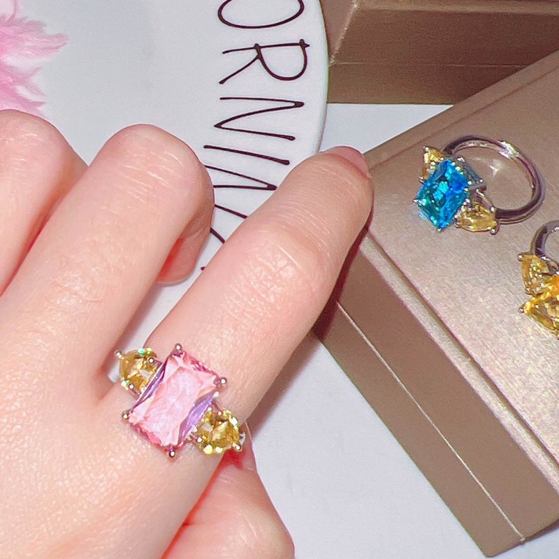 Cincin Zircon Bentuk Kotak Warna Pink Kuning Biru Hijau Untuk Wanita