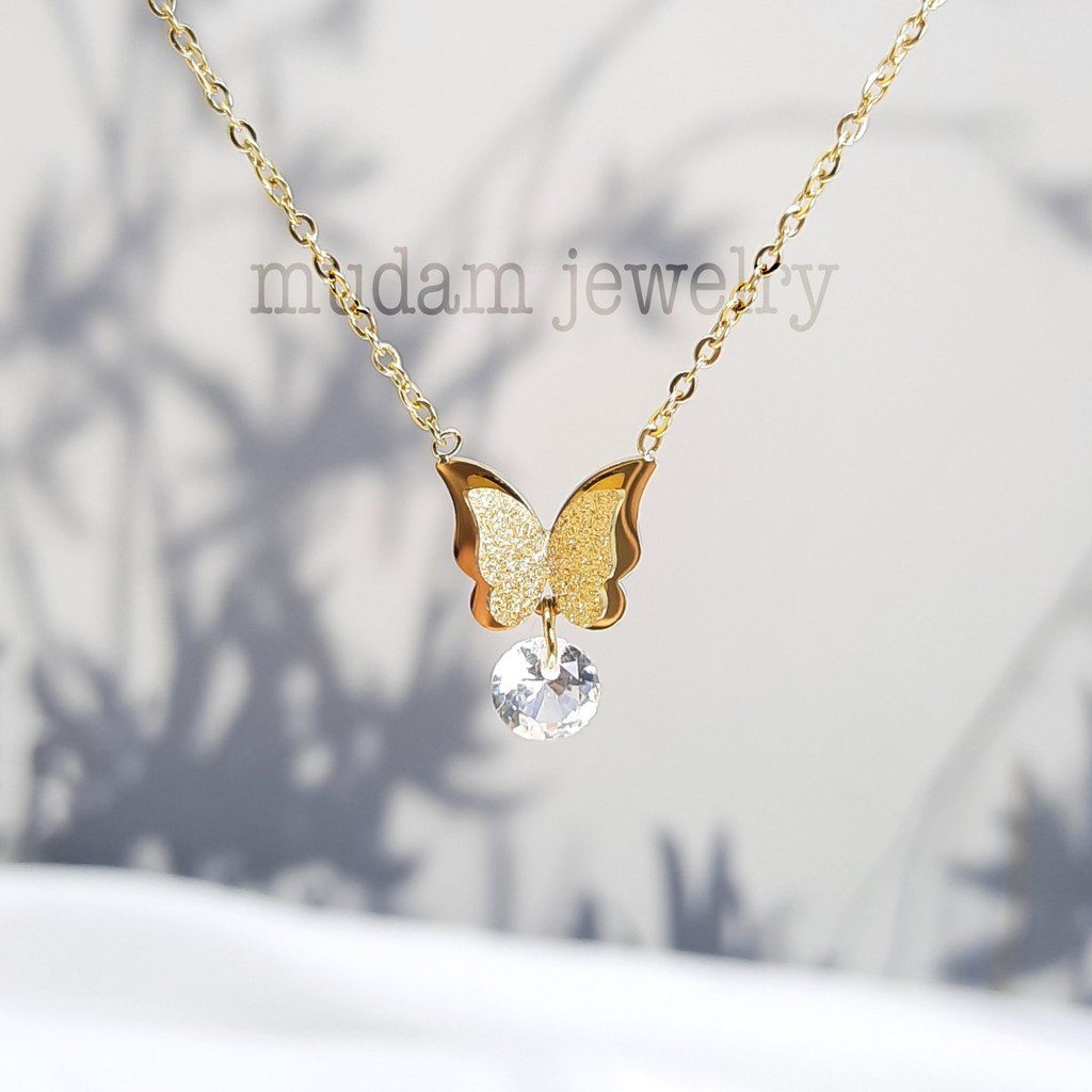 Kalung Titanium Kupu-Kupu Diamond Gantung Tersedia Warna Rosegold, Gold dan Silver