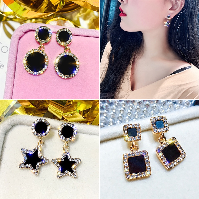 HBS 030 - A Anting Wanita Tusuk Bentuk Bulat Hias Kristal  Women Earrings Korea Aksesoris Fashion 030 - A