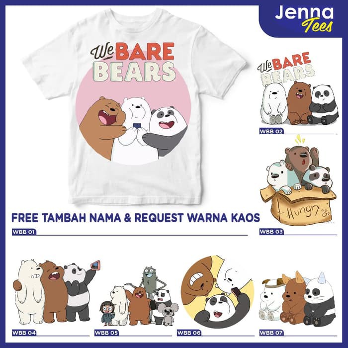 WE BARE BEARS - Baju Kaos Anak & Dewasa Free Tulis Nama Bebas Pilih Warna Kaos