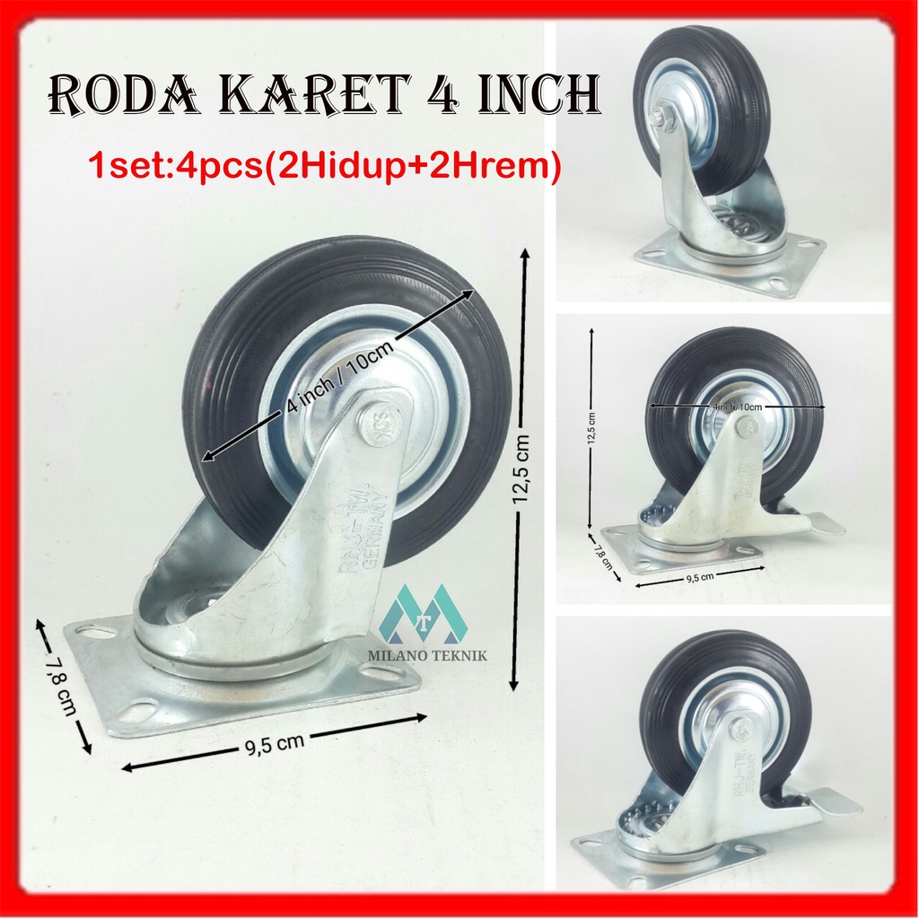 Roda Troli 4&quot; Hidup (HR+H) Roda Karet Roda Etalase Roda Gerobak