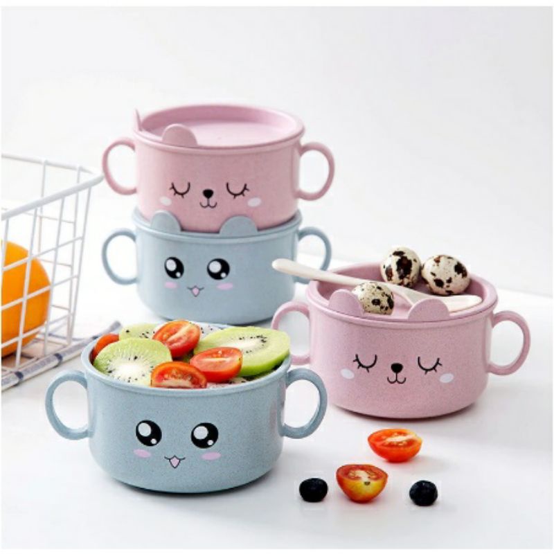 BluePink Mangkok Makan Anak Karakter + TutupJerami Soup Bowl Cartoon BPA Free / Mangkuk Gelas Sup Cu