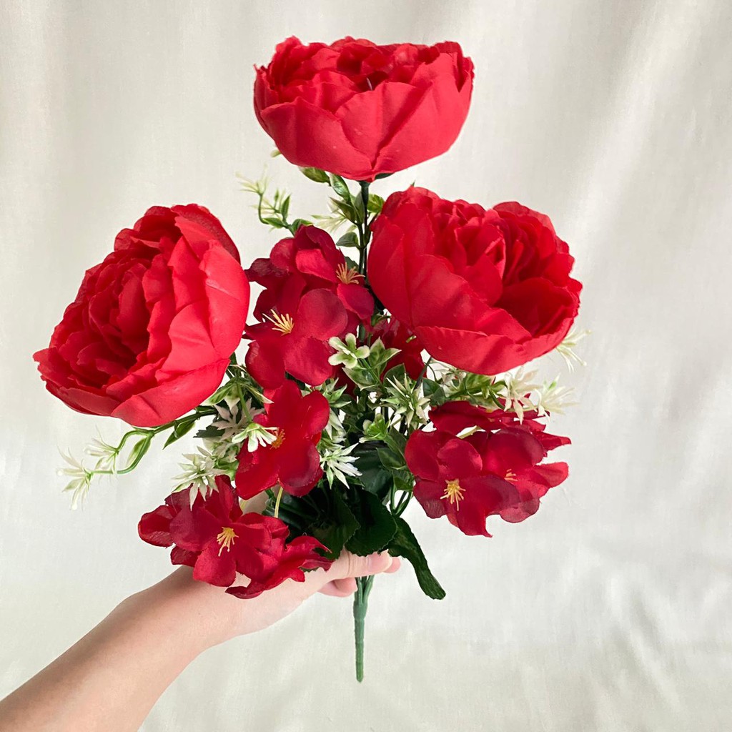 Bunga Peony Ball mix Cherry Blossom X7 (satuan) Bunga Artificial / Bunga Plastik / Bunga Dekorasi-Merah