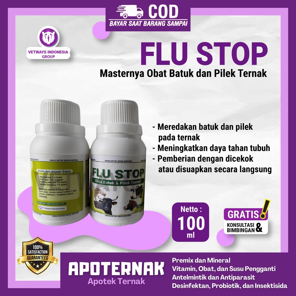 FLU STOP | Obat Flu Batuk Pilek Pneumonia Sapi Kerbau Kambing Domba | 100 ml | Apoternak