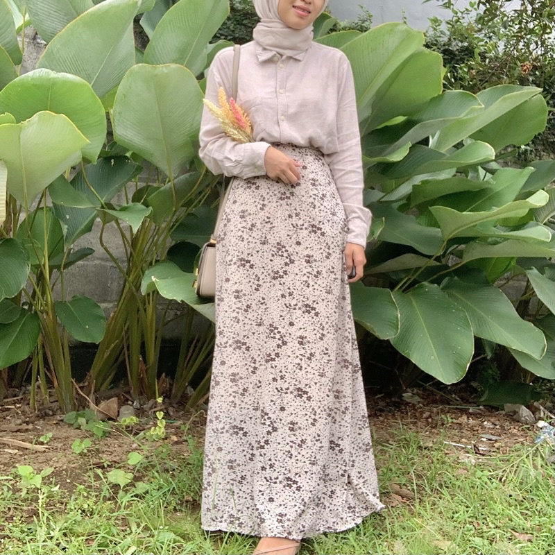 FLORAL SKIRT ADA SAKU / ROK MOTIF BUNGA/ ROK A LINE KOREAN STYLE / Long Skirt / vintage skirt-Beige Bunga Furing