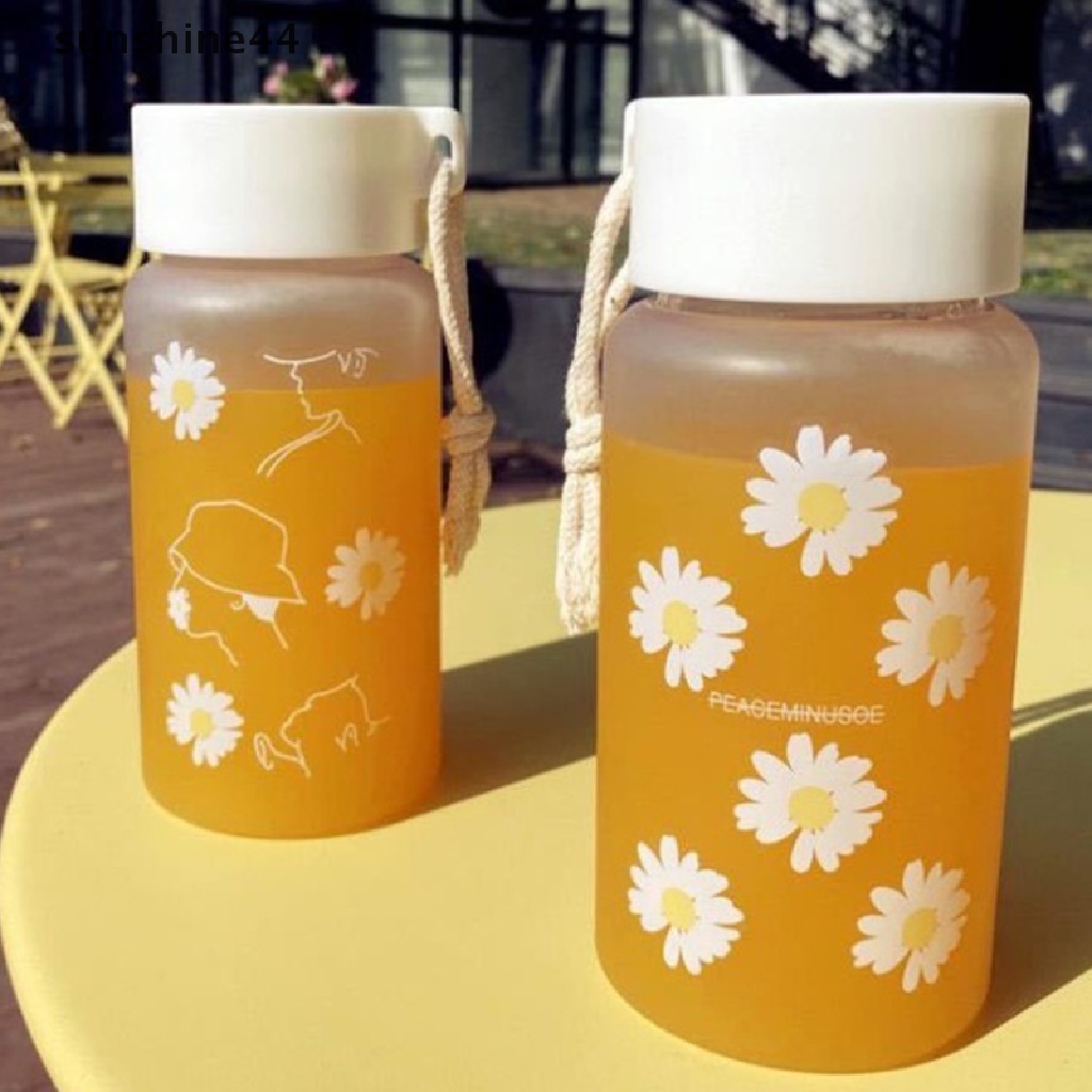 Sunshine Botol Minum Plastik Frosted Motif Bunga Aster Kecil 450ml Dengan Tali Untuk Travel