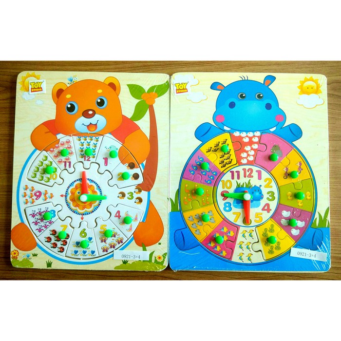 Mainan Puzzle Kayu Jam karakter - Mainan Edukasi Edukatif Anak